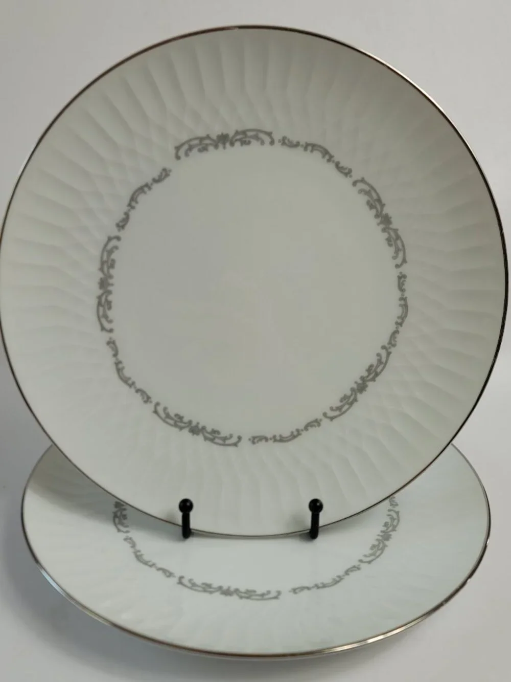 TWO Noritake 6350 Camden Dinner Plates White with Gray Scrolls 10 5/8 Inch Plate